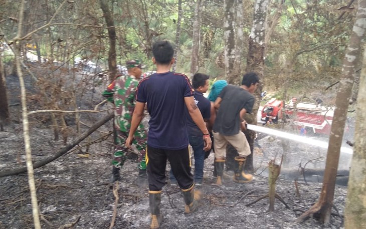 Petugas damkar dibantu warga dan Babinsa menjinakkan api