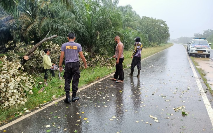 Anggota Polres Mukomuko Dibantu Warga Bersihkan Pohon Tumbang 