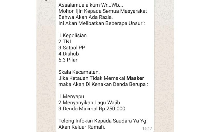 Polda Bengkulu Tegaskan Hoax Informasi Razia Masker