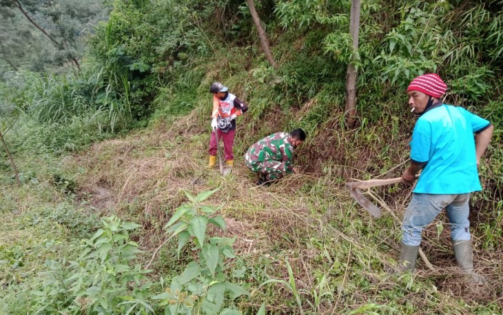 Babinsa Wonodoyo Anggota Koramil 07/Cepogo Kodim 0724/Boyolali Serka Samijo bersama warga Desa wonodoyo dan relawan melaksanakan penanaman pohon Suren di lereng pegunungan sekitar Dukuh Taring Desa Wonodoyo Kecamatan Cepogo, Kabupaten Boyolali  Senin (01/02).