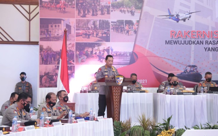 Kapolri Jenderal Polisi Listyo Sigit Prabowo membuka rapat kerja teknis (rakernis) Badan Pemeliharaan Keamanan (Baharkam) Polri tahun 2021 pada hari ini, Selasa (16/3/2021).