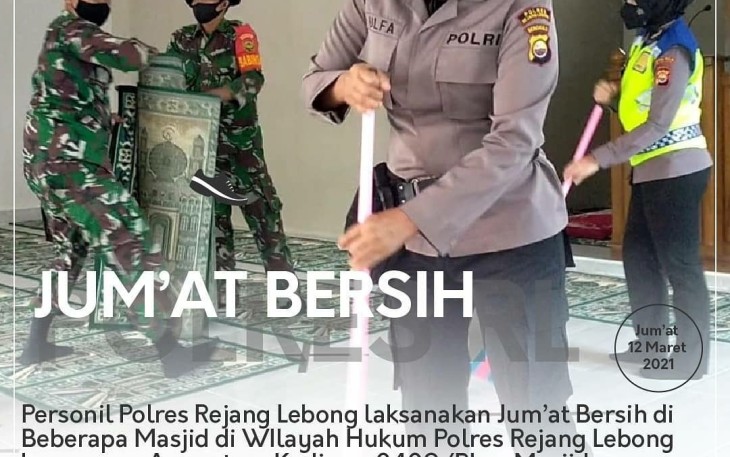 Tingkatkan Sinergitas Polres Rejang Lebong Bersama Kodim 0409 Gotong Royong Bersihkan Masjid