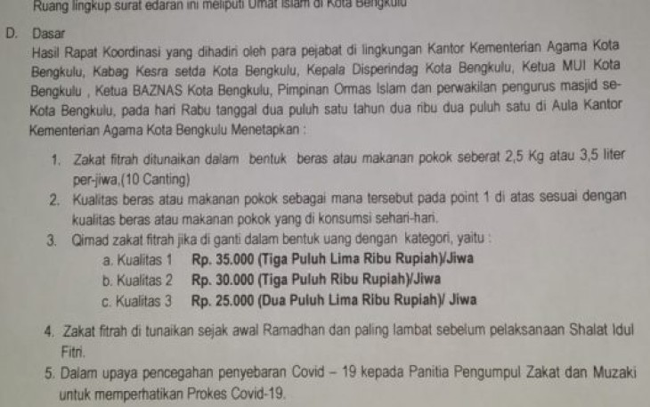 Besaran Zakat Fitrah di Kota Bengkulu