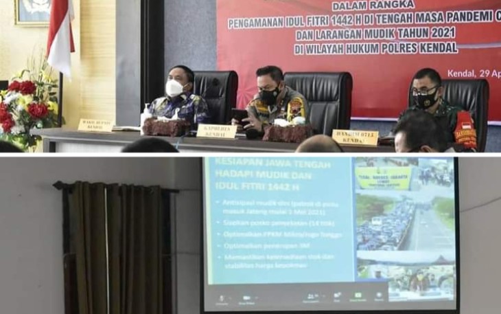 Rapat lintas sektoral kesiapan operasi ketupat candi 2021, Pemerintah Daerah Kendal mengikuti rapat secara virtual di aula Mapolres Kendal, kemarin hari Kamis (29/4/2021).