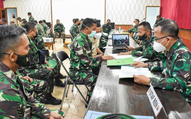 Tim Current Audit Inspektorat Jenderal TNI AD yang dipimpin Brigjen TNI Sudi Prihatin, S.Sos selaku Ketua Tim Was Current Audit bersama rombongan di Makorem 071/Wijayakusuma, Sokaraja, Banyumas. Rabu (29/9/2021). 