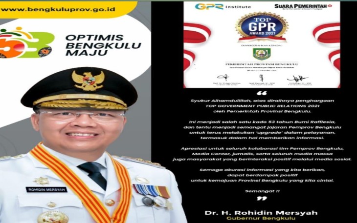 Pemprov Bengkulu Berhasil Raih Peringkat 2 TOP GPR Award 2021