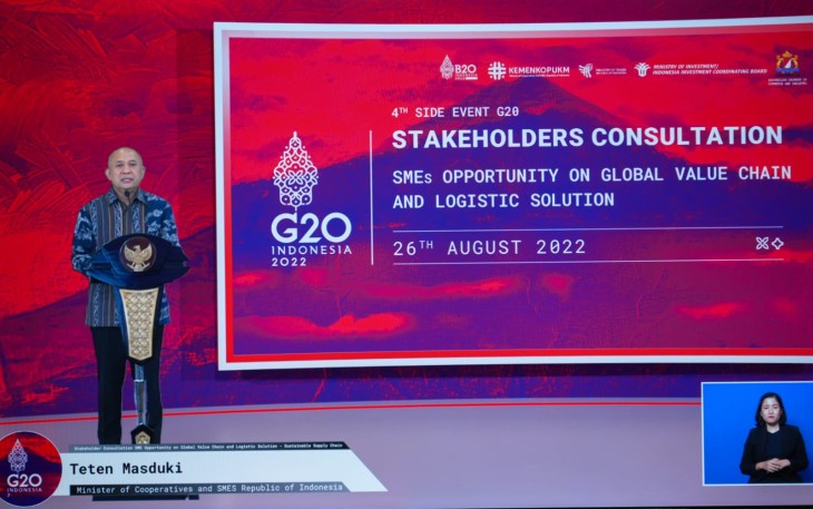 MenKopUKM Teten Masduki dalam sambutannya di acara 4th Side Event G20 Stakeholders Consultant, SMEs Opportunity on Global Value Chain and Logistic Solution secara virtual, Jakarta, Jumat Malam (26/8).