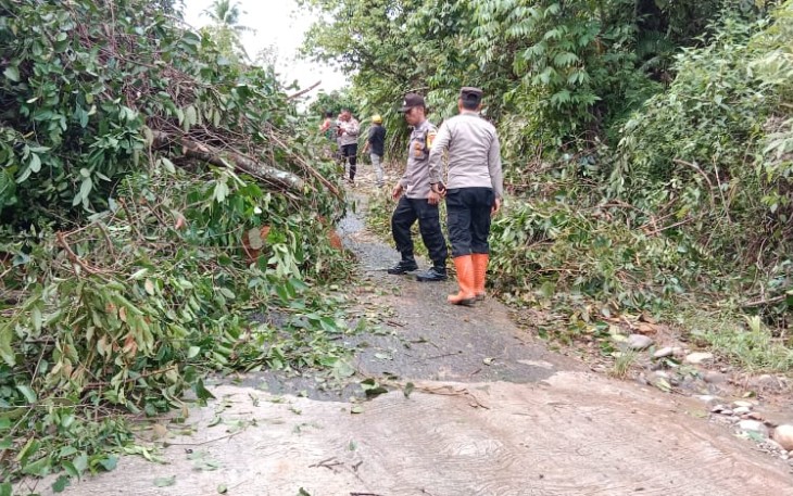 Petugas saat cek lokasi dan berusaha membersihkan material longsor dibantu warga setempat