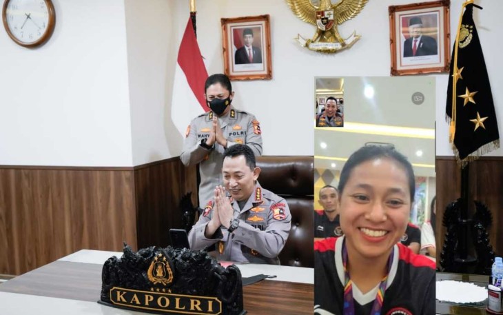 Tiara Prastika Andini atlet sepeda, saat video call bersama Kapolri usai meraih medali emas SEA Games XXXI Vietnam. Senin (16/05/2022)