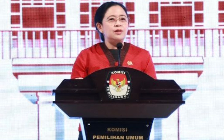 Puan Maharani saat memberikan sambutan dalam peluncuran tahapan pemilu 2024 di Jakarta 