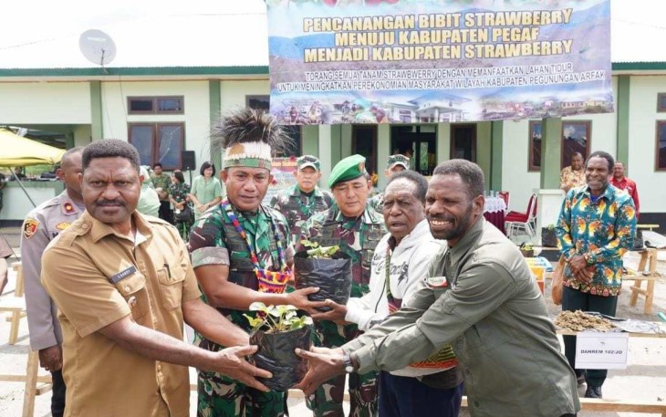 Pangdam Kasuari Mayjen TNI Gabriel Lema saat mendorong kabupaten Pegaf sentra Strawberry 