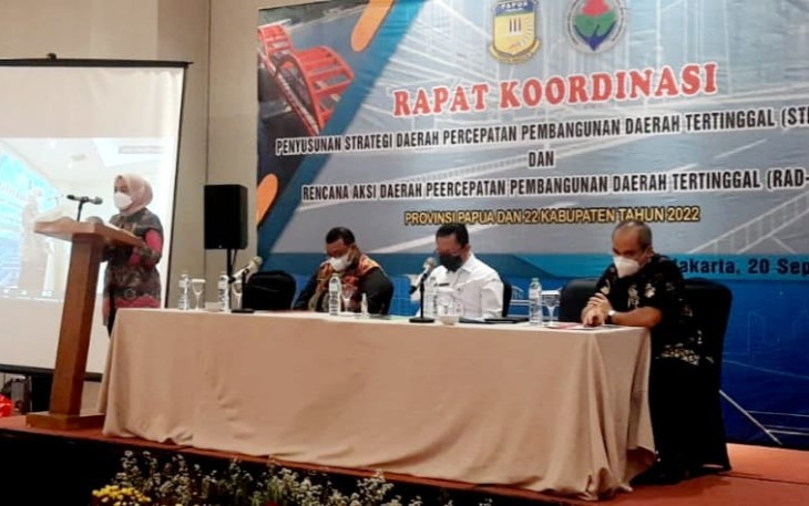 Sri Purwaningsih atau yang akrab disapa Nining saat membuka Rapat Koordinasi Penyusunan Strategi Daerah: Percepatan Pembangunan Daerah Tertinggal (STRADA-PDDT) Provinsi Papua, Selasa (20/9/2022). 