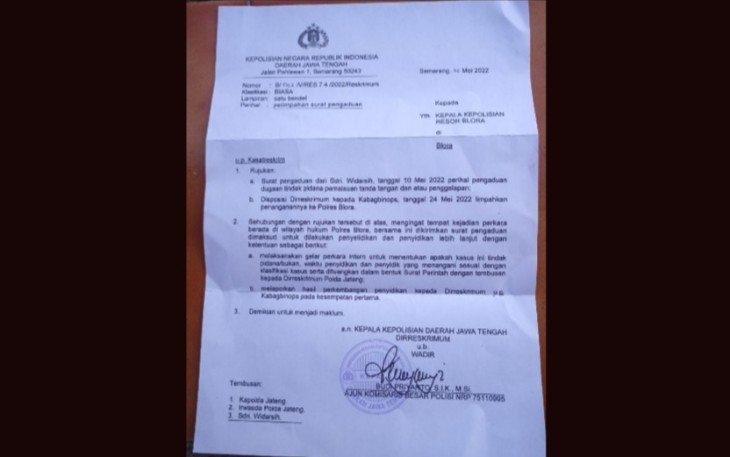 Pelimpahan surat pengaduan terkait dugaan tindak pemalsuan tandatangan dan atau penggelapan dari Polda Jawa Tengah kepada Polres Blora.