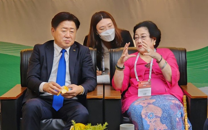 Megawati saat menyampaikan keynote speech di Jeju Forum for Peace and Prosperity tahun 2022, di Jeju, Korea Selatan, Kamis (15/9/2022).  