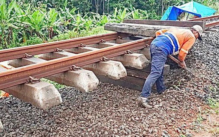 Petugas memperbaiki bantalan rel yang mengalami amblas tergerus air hujan di sepanjang jalur Jeruklegi-Kawunganten, Kabupaten Cilacap, Jawa Tengah, Sabtu (8/10). FOTO: DAOP 5 Purwokerto