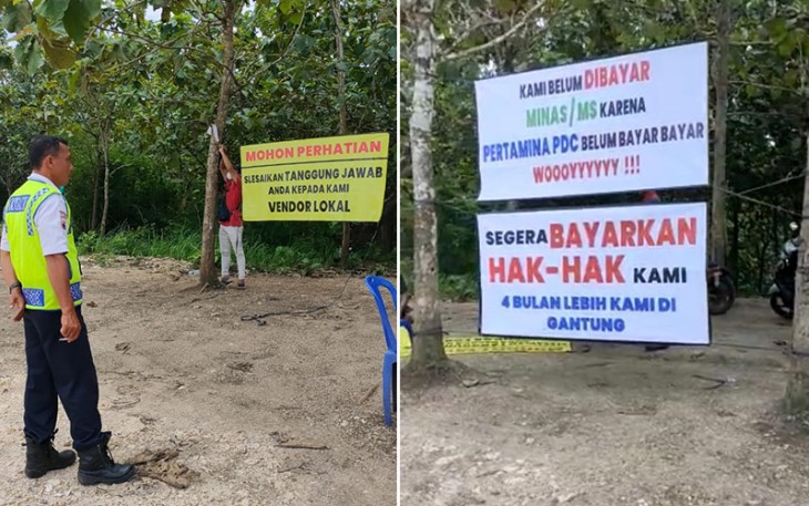 Banner berisi tuntutan protes pembayaran terpasang di area NGU 1X PEPC ADK di desa Nglobo Kecamatan Jiken, Kabupaten Blora, Jawa Tengah.