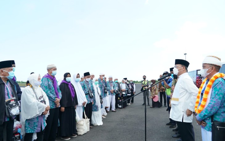 Penyambutan jamaah haji asal Bengkulu saat tiba di Bumi Rafflesia, Kamis (21/7/2022).