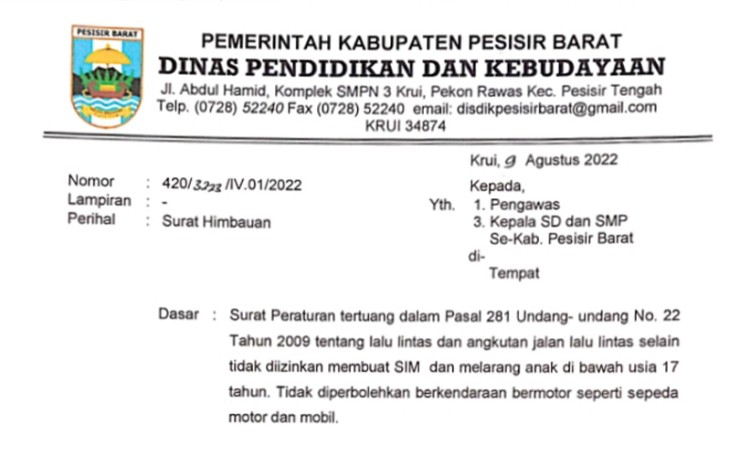 Surat Edaran (SE) mengenai larangan bagi siswa Sekolah Dasar (SD) dan Sekolah Menengah Pertama (SMP) untuk berkendara sendiri ke sekolah.