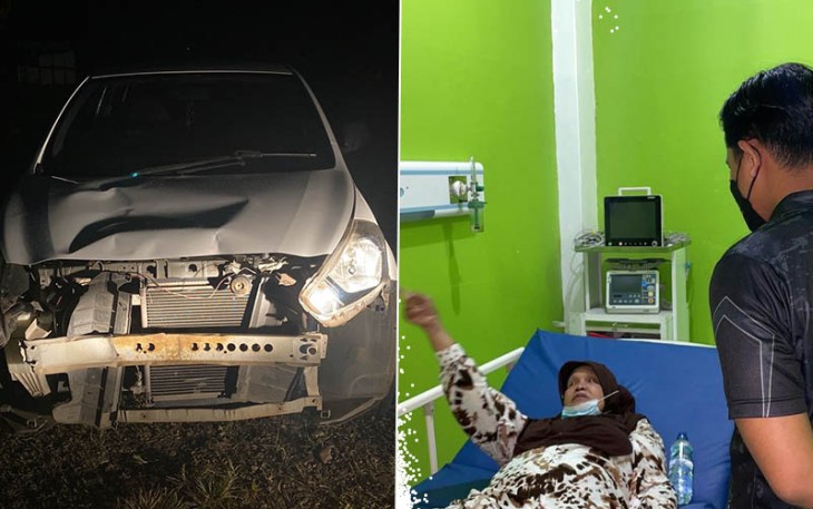 Pasca lakalantas, korban dibawa kerumah sakit dan sebuah mobil ringsek di bagian depan.