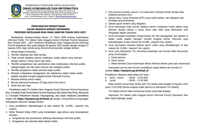  Pengumuman Pendaftaran Seleksi Calon Anggota Komisi Informasi Provinsi Kepri dan Persyaratannya 