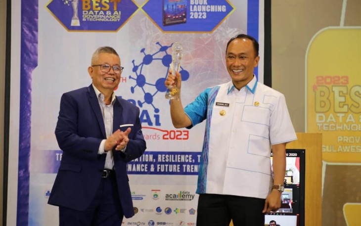 Pj Gubernur Sulbar, Prof Zudan Arif Fakrulloh bersama sejumlah pejabat kementerian menerima Apresiasi dan penghargaan DataGovAi Awards 2023  kategori Best Data dan AI Technology Untuk Wilayah Provinsi Sulawesi Barat sebagai pemimpin yang sukses mendorong dan mengispirasi Digital Transformasi