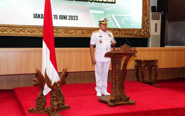 Panglima TNI Laksamana TNI Yudo Margono, S.E., M.M., saat Pimpin Korp Raport Kenaikan Pangkat 31 Perwira Tinggi di Aula Gatot Soebroto Mabes TNI Cilangkap, Jakarta Timur, Kamis (15/06/2023).