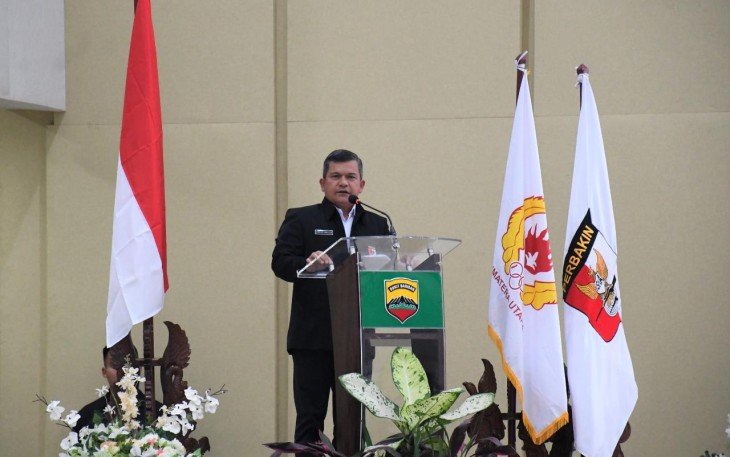 Pangdam I/BB Mayjen TNI Achmad Daniel Chardin saat memberikan sambutan usai dikukuhkan Ketua Pengprov Perbakin Sumut 2022-2026