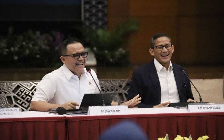 Menteri Anas yang juga Koordinator SPBE Nasional saat konferensi pers uji coba digitalisasi perizinan event di kantor Kementerian Pariwisata dan Ekonomi Kreatif (Kemenparekraf), Jakarta Pusat, Senin (11/09/2023).