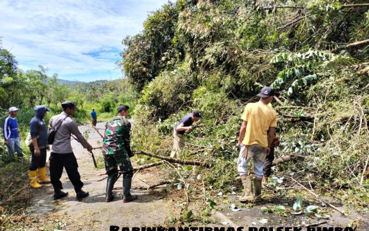 Bersama Warga, Bhabinkamtibmas Bersihkan Pohon Tumbang di Jalan Raya