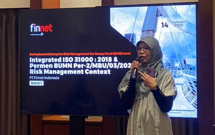  Direktur Finance & Risk Management Finnet Rina Susanti dalam kegiatan pelatihan Refreshment & Enrichment ISO 31000 Manajemen Risiko yang diselenggarakan oleh Finnet pada Kamis (14/9).
