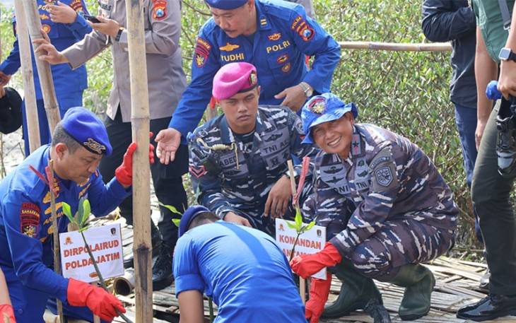 Danlantamal V Brigjen TNI Marinir Joni Sulistiawan, S. H., M. Han saat mengikuti kegiatan penanaman pohon Mangrove di Adventure Land Romokalisari Benowo Surabaya, Kamis (30/11/2023) kemarin.