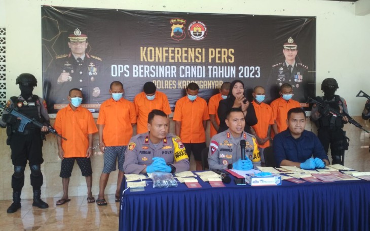 Konferensi pers Operasi Bersinar Candi, terkait pengungkapan kasus peredaran dan penyalahgunaan narkoba, Rabu (5/4/2023) di Mako Polres Karanganyar.