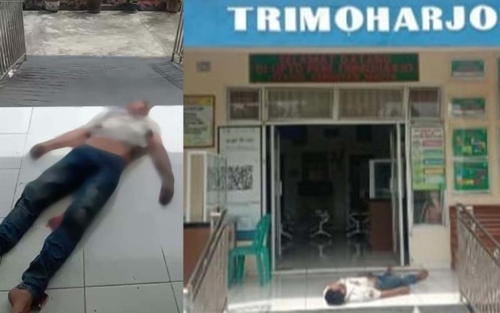 Jenazah korban saat terkapar di depan Puskesmas Trimoharjo, Kamis (6/4), sekira pukul 13.30 WIB.