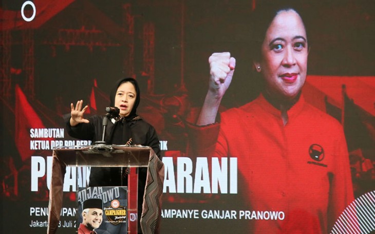 Ketua DPP Bidang Politik PDI Perjuangan (PDIP) Puan Maharani saat menjadi pembicara penutup dalam kegiatan pelatihan jurkam Ganjar di Inews Tower, Jakarta Pusat, Selasa (18/7/2023).