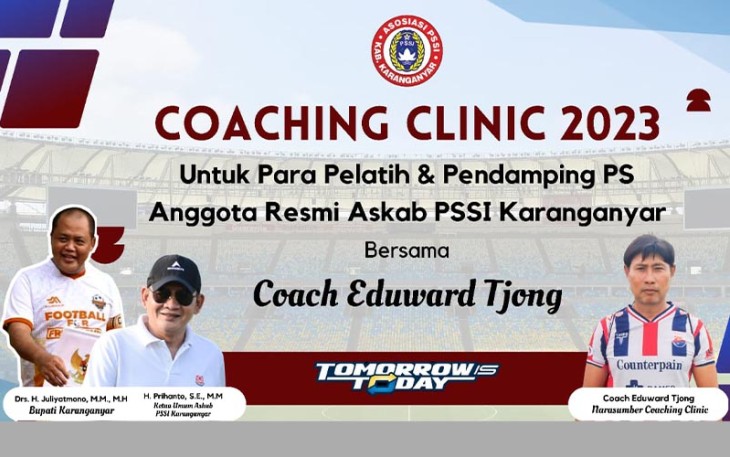 Poster kegiatan Coaching Clinic 2023 Askab PSSI Karanganyar.