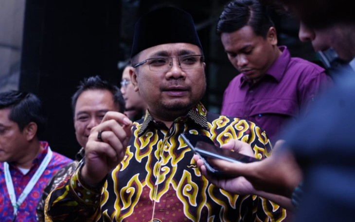 Kemenag Yaqut Cholil Qoumas saat memberikan keterangan pers 