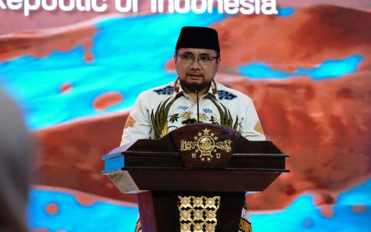 Menteri Agama Yaqut Cholil Qoumas saat memberikan sambutan pada Penyambutan Antar-Iman dan Antar-Peradaban bagi Kunjungan Imam Besar Al Azhar di Indonesia, Rabu (10/7/2024).