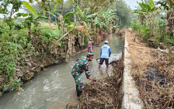 Babinsa Bersama Masyarakat Desa Banjarsari Wetan Gelar Karya Bhakti Bersihkan Saluran Irigasi