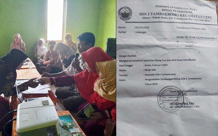 Wali murid menerima pengembalian sumbangan paving SDN 2 Tambakromo disaksikan kepala sekolah,  komite, korwil dan pengawas Dinas Pendidikan kabupaten Blora.