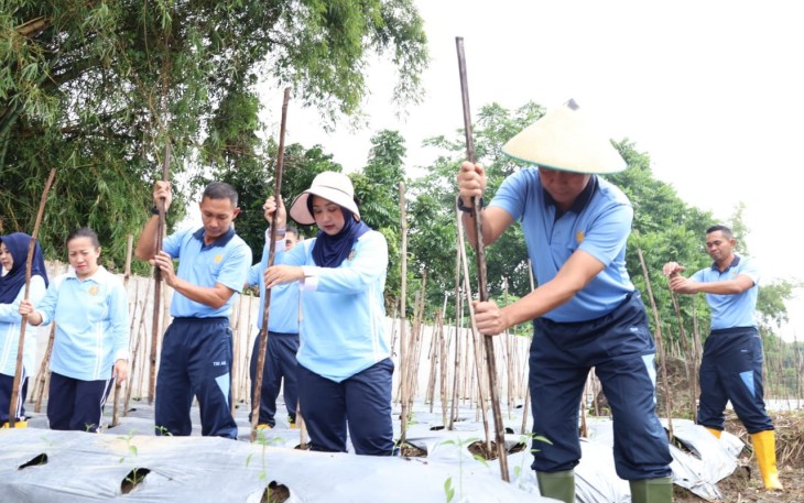 Komandan Lanud Adi Soemarmo Marsma TNI Ridha Hermawan,  S.H., M.Han., beserta Ketua PIA Ardhya Garini Cabang 3 Lanud Adi Soemarmo Ny. Maritzka Ridha Hermawan didampingi para pejabat Lanud Adi Soemarmo melaksanakan panen hasil lahan ketahanan pangan yang ada di Lanud Adi Soemarmo, Jumat (15/3/2024)