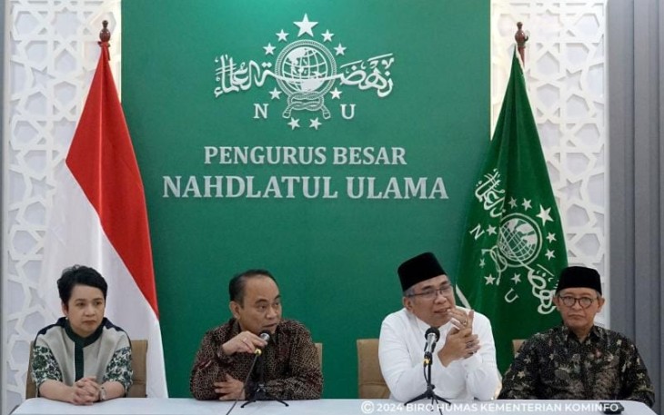 Menkominfo Budi Arie Setiadi dalam konferensi pers usai pertemuan dengan Ketua Umum PBNU di Kantor Pusat PBNU, Jakarta Pusat, Kamis (18/01/2024).