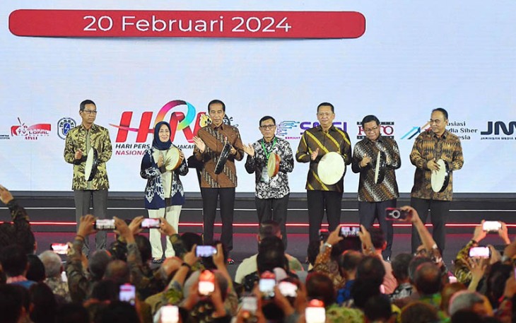 Bamsoet saat menghadiri Puncak Peringatan Hari Pers Nasional 2024, di Jakarta, Selasa (20/2/24).