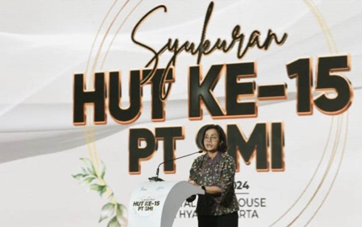 Menkeu Sri Mulyani Indrawati dalam acara Syukuran Ulang Tahun ke-15 PT SMI yang diselenggarakan di Jakarta, Senin (26/2) yakni “Mitra Tepercaya Penggerak Pembangunan Indonesia melalui Inovasi Berkelanjutan.”