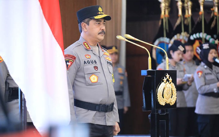Wakapolri Komjen Agus Andrianto saat memimpin upacara kenaikan pangkat atau Korps Raport empat perwira tinggi (Pati) di Rupatama Mabes Polri, Senin (26/2/2024).