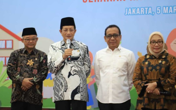 Menag Nasaruddin Umar memberikan sambutan pada Deklarasi Gerakan Ramadan Ramah Anak di Jakarta, Rabu (5/3)