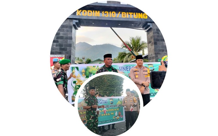 Dandim 1310/Bitung, Letkol Czi Hanif Tupen, ST.,MIP bersama Kapolres Bitung AKBP Albert Zai, SIK.,MH saat berbagi takjil dan menggelar Konferensi Pers di depan Makodim 1310/Bitung