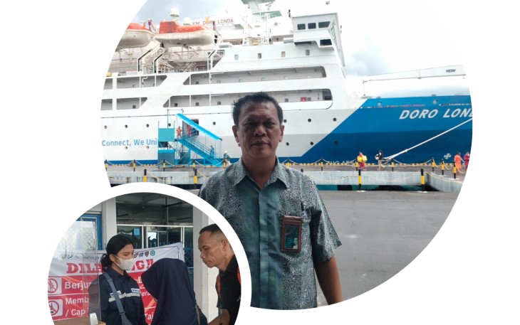 Kacab Pelni (Persero) Cabang Bitung,Juni Samsudin Sitorus dan Staf Pelni saat melakukan pemeriksaan tiket calon penumpang di pelabuhan Samudera Bitung