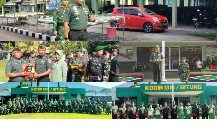 Dandim 1310/Bitung, Letkol Czi Hanif Tupen, S.T.,M.I.P saat memimpin upacara purna tugas 13 personil Kodim 1310/Bitung di lapangan upacara Makodim