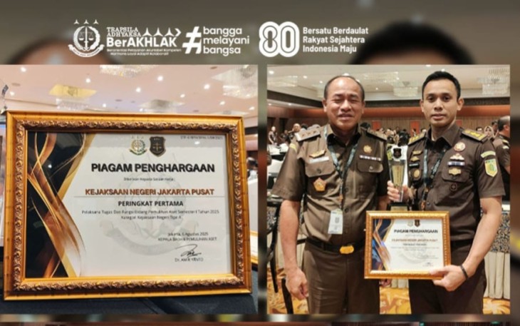 Kejari Jakarta Pusat dinobatkan sebagai Terbaik Pertama se-Indonesia untuk kategori, Pelaksana Tugas dan Fungsi Bidang Pemulihan Aset Semester I Tahun 2025 pada Kejaksaan Negeri Tipe A