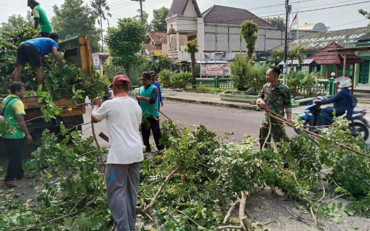 Anggota Koramil 01/Ngawi Bersama Dinas Lingkungan Hidup Bersihkan Pohon Liar